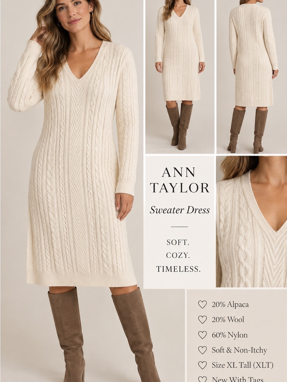 Ann Taylor Ivory Cable-Knit V-Neck Sweater Dress XL Tall